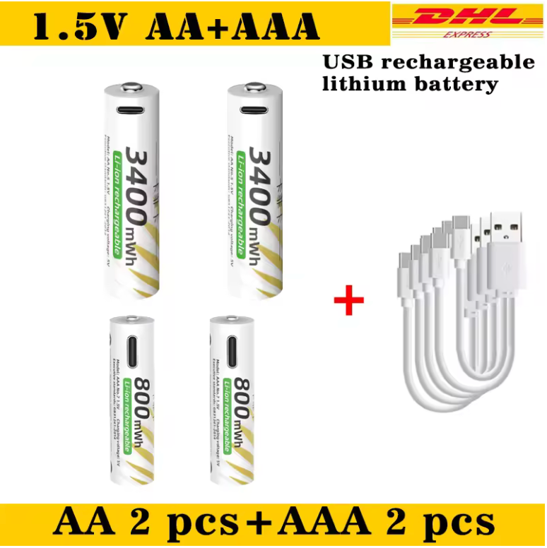 USB Rechargeable Battery 6-Pack | 4x AA + 2x AAA 1.5V Li-Ion with Type-C Cable